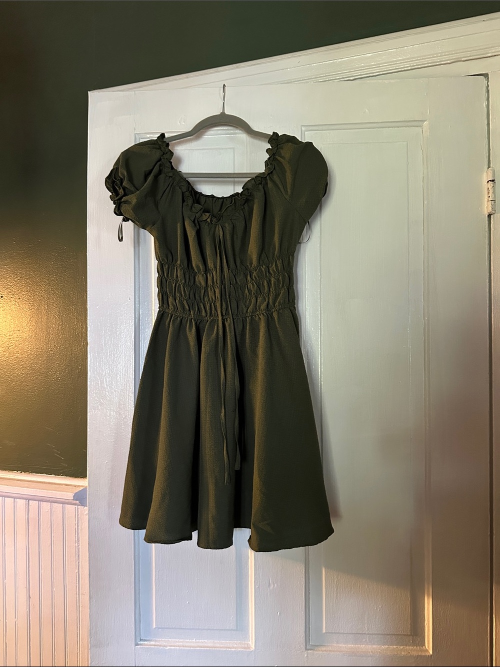 SHEIN Olive Green Smocked Puff Sleeve Mini Dress